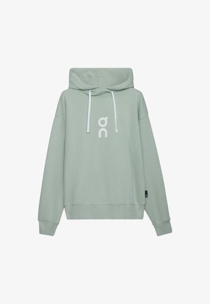 Sudadera con capucha verde claro con cordones blancos y un logo blanco "on" centrado en el pecho, con puños acanalados y un ajuste relajado.