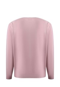 Maglione a maniche lunghe in rosa delicato. Presenta un colletto rotondo, linee pulite e una texture liscia con decorazioni minime.
