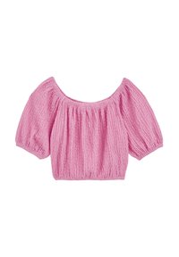 Top corto a maniche corte, sciallato, in tessuto leggero rosa chiaro con scollatura arricciata e maniche a palloncino voluminose.
