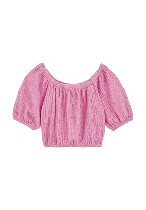 Top scurt cu mâneci, cu umerii expuși, de tip crop, dintr-un material texturat roz deschis, cu un decolteu gathered și mâneci voluminoase în stil balon.