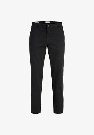 Pantalon noir pour homme coupe slim avec fermeture à boutons et fermeture éclair, passants pour ceinture, et jambes droites sur fond blanc.