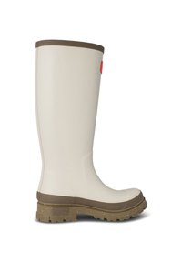 Botte de pluie en caoutchouc blanche avec une bordure marron, un bord supérieur légèrement texturé et une semelle marron robuste dotée d'un motif de grip améliorant l'adhérence.