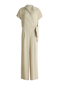 Beige omslags jumpsuit med krave, korte ærmer og bundet talje. Har plisseret front og vid benstil. Glat stofstruktur.