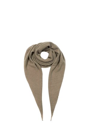 Soft, light brown triangular scarf with a cozy knit texture, folded and arranged in a loose knot on a white background.