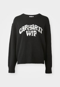 Czarny sweter dzianinowy o luźnym kroju, okrągłym dekolcie i białym logo "CARHARTT WIP" na przodzie. Miękka tekstura, długie rękawy.
