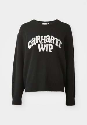 Melnā adītā džemperī ir brīvs piegriezums, apaļa kakla izgriezums un balts "CARHARTT WIP" logo uz priekšpuses. Mīksta tekstūra, garas piedurknes.
