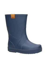 Marineblauwe rubberen regenlaars met een getextureerde zool en een bruine trekband met het label "BRK" nabij de bovenrand.