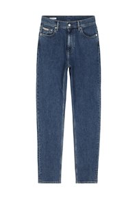 Jeans de mezclilla azul con corte recto, que cuentan con cinco bolsillos, cierre de botón y detalles de costura sutiles.