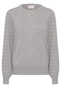 Light grey knit sweater with textured ribbed long sleeves and crew neckline, medium size labeled "Kaffe" brand.