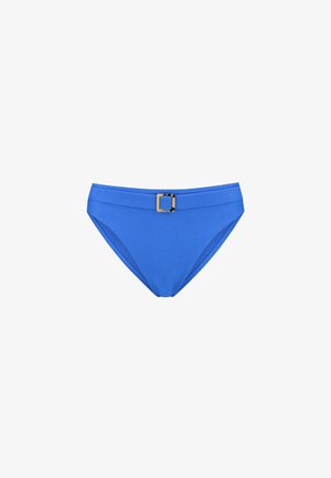 Blue bikini bottom made of textured fabric, featuring a square gold buckle detail on the waistband and high-cut sides.