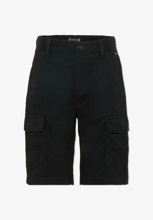 Pantalones cortos cargo negros hasta la rodilla con cierre de botón y cremallera, trabillas para cinturón, bolsillos laterales y con solapa, y cinturilla elástica en la parte trasera.