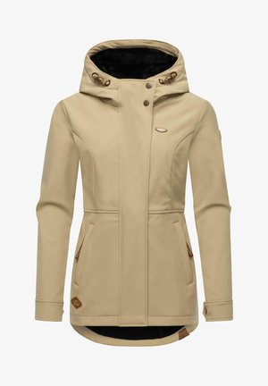 Bežinė striukė su gobtuvu, turinti minkštą vidinį pamušalą, dvi šonines kišenes, dekoratyvinius mygtukus ir elegantišką, pritaikytą dizainą.