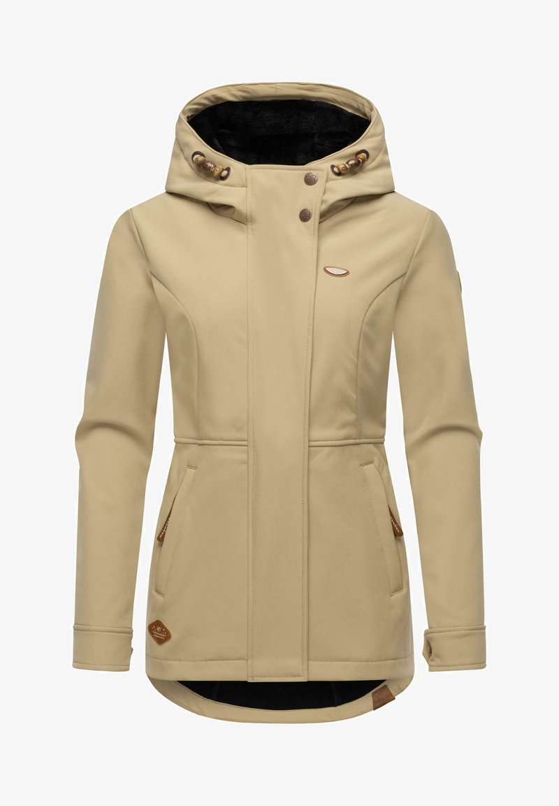 Bežinė striukė su gobtuvu, turinti minkštą vidinį pamušalą, dvi šonines kišenes, dekoratyvinius mygtukus ir elegantišką, pritaikytą dizainą.