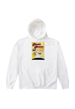 Biała bluza z kapturem z przednią kieszenią kangurzą, z kolorową grafiką postaci na tle żółtych i niebieskich promieni z napisem "Wonder Woman".