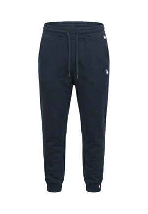 Marineblaue Joggerhose mit Kordelzug in der Taille, Seitentaschen, gerippten Bündchen an den Knöcheln und kleinem weißen Logo am oberen Oberschenkel und am Bündchen.