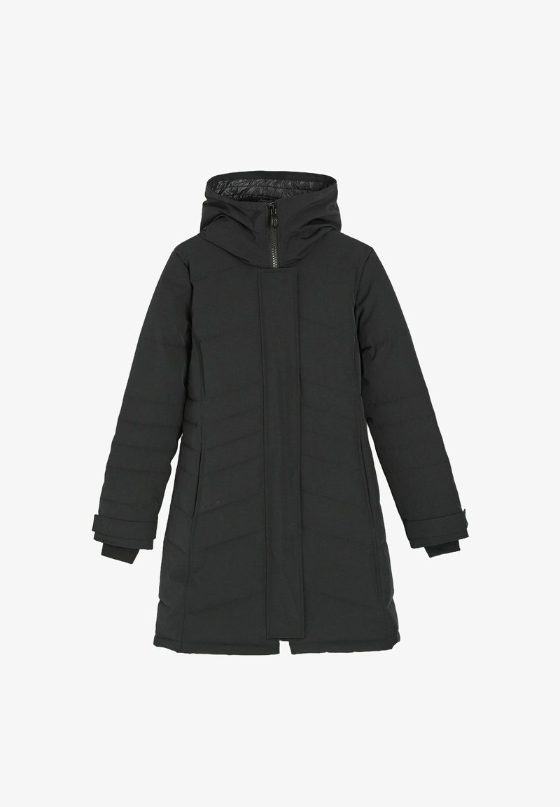 Czarna ocieplana kurtka z kapturem, z zamkiem z przodu, długimi rękawami oraz skośnym wzorem przeszyć. Gładka faktura materiału, długość do kolan.