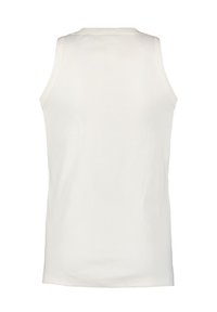 Witte mouwloze tanktop, geribbelde textuur, ronde halslijn en rechte zoom. Geen zichtbare logo's of patronen. Eenvoudig ontwerp.
