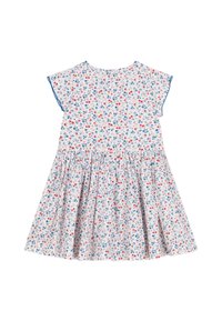 Bloemenjurk van lichtgewicht katoen, met een witte achtergrond en rode en blauwe bloemen, korte kapmouwen en een geplooide rok.