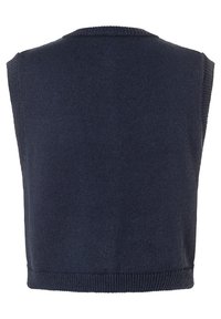 Marineblaue gestrickte ärmellose Bluse mit rundem Ausschnitt, ausgestattet mit einem gerippten Saum und glatter Textur, entworfen für die Freizeit.
