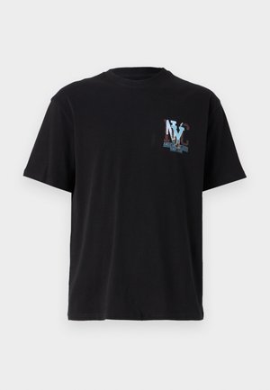 Black cotton t-shirt with a round neckline. Features a multicolored NYC graphic on the left chest area. Short sleeves, standard cut.