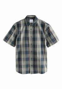 Košeľa s krátkym rukávom s kockovaným vzorom v hnedej, námorníckej modrej a krémovej farbe. Má zapínanie na gombíky a rozšírený golier, vyrobená z ľahkej látky s kockovaným vzorom.