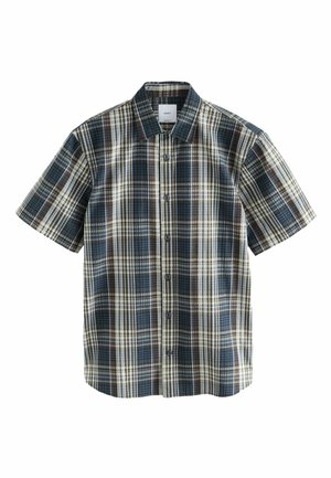 Korte mouwen geruit overhemd in bruin, marineblauw en crème. Voorzien van knoopsluiting en een spreidkraag, gemaakt van lichtgewicht stof met een ruitpatroon.