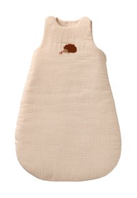 Beige Baumwollschlafsack mit gerippter Textur und runder Form. Verfügt über ein braunes gesticktes Igel-Motiv auf der Vorderseite.