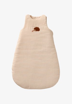 Beige cotton sleep sack with a ribbed texture and a rounded shape. Features a brown embroidered hedgehog design on the front.