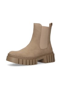 Beige Ankle-Boots aus glattem Leder mit elastischen seitlichen Einsätzen, einer dicken Plattformsohle und strukturierten Details auf der Sohle für zusätzliche Textur.
