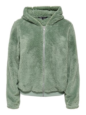 Pehme, heleroheline kapuutsiga lukuga jakk, millel on pikad varrukad ja sametine, karvane tekstuur, varustatud soonikkoega ääre ja ees lukuga sulgemisega.