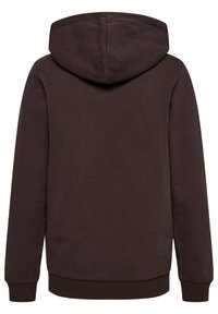 Dunkelbrauner Langarm-Hoodie mit Kapuze, gerippten Bündchen und Saum, von hinten auf einem weißen Hintergrund gezeigt.