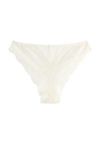 Spetsunderkläder i off-white med blommönster, en triangulär form och vågiga kanter för en texturerad look.