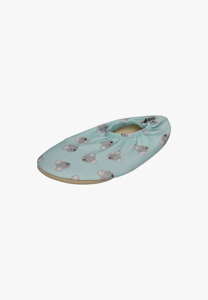 Children's slipper in light blue, featuring a koala print. Soft fabric, elasticized opening, and tan sole for grip.