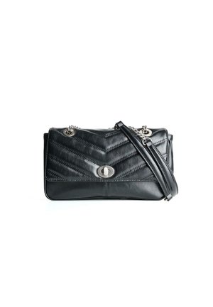 Black leather handbag with a quilted chevron pattern, silver hardware, a snap closure, and a detachable shoulder strap.