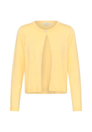 Cardigan en coton jaune à manches longues, col rond, et fermeture boutonnée à l'avant. Design simple, texture légère et ouverture frontale.
