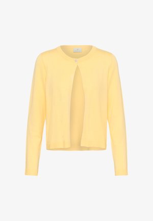 Cardigan en coton jaune à manches longues, col rond, et fermeture boutonnée à l'avant. Design simple, texture légère et ouverture frontale.