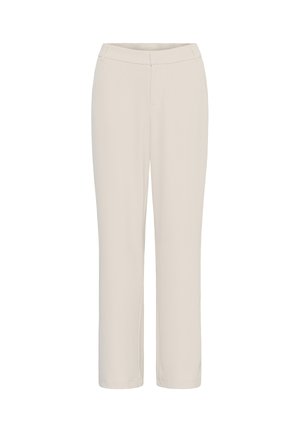 Pantalon droit beige à taille mi-haute avec une fermeture avant dissimulée, présenté sur un fond blanc.