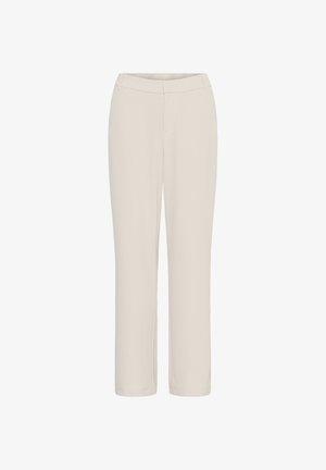 Pantalon droit beige à taille mi-haute avec une fermeture avant dissimulée, présenté sur un fond blanc.