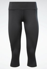 Sorte, højtaljede, sømløse atletiske leggings, der er afkortede midt på læggen, vist forfra på en ensfarvet hvid baggrund.