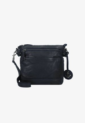 Navy blue leather crossbody bag with a zip closure, front pocket, adjustable strap, and a decorative anchor charm.