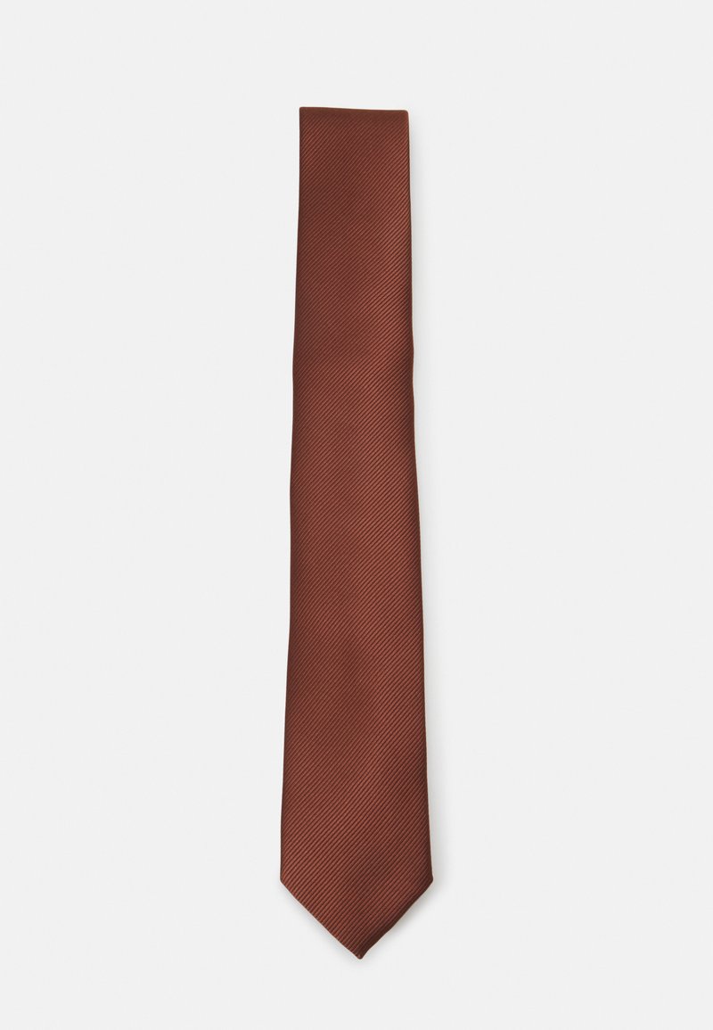 Brown silk tie featuring a diagonal striped texture, tapered tip, and smooth finish, designed for formal or professional settings.