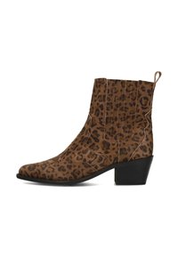 Bottines en suède à imprimé léopard avec un talon bloc, un bout pointu et des panneaux latéraux élastiques. Harmonie de couleurs marron et noir.