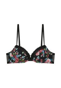 Zwarte bloemenbeha met roze, blauwe en rode bloemen, kanten rand aan de cups, verstelbare dunne bandjes en zijpanelen van mesh.