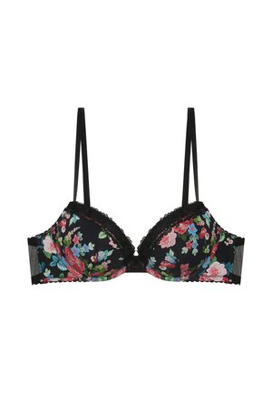 Schwarzer floraler BH mit pinken, blauen und roten Blumen, Spitzenbesatz an den Körbchen, verstellbaren dünnen Trägern und seitlichen Netzpaneelen.