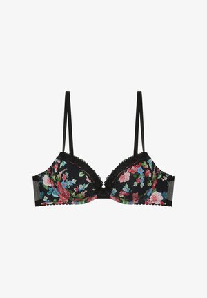 Black floral bra with pink, blue, and red flowers, lace trim on cups, adjustable thin straps, and mesh side panels.