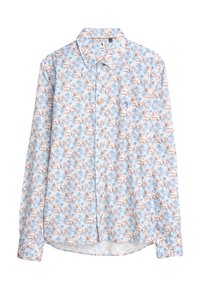 Langarmshirt in lichtblauw met een bloemenpatroon met blauwe bloemen en bruine bladeren, gemaakt van lichte stof met een button-down kraag.