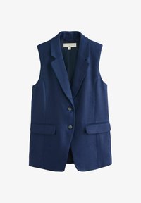 Blazer sin mangas de lino azul marino con solapas con muesca, dos botones y bolsillos con solapa, talla mediana.