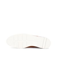 Zapatilla de cuero marrón con suela de goma blanca. Presenta un patrón de agarre texturizado y puntera redondeada. Diseño minimalista, sin marcas visibles.