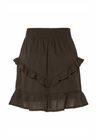 Ruda medvilnės sijonas su sluoksniuotomis klostėmis, susiraukšlėtu liemeniu ir nėrinių detalėmis. Lengvas audinys su laisvu dizainu.