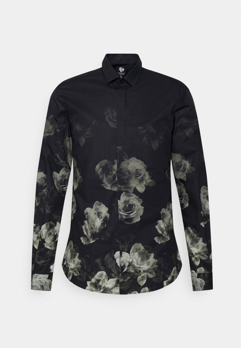 Zwarte langermige button-up shirt met een vervaagd wit rozenbloem patroon over de voorkant, mouwen en onderste zoom.